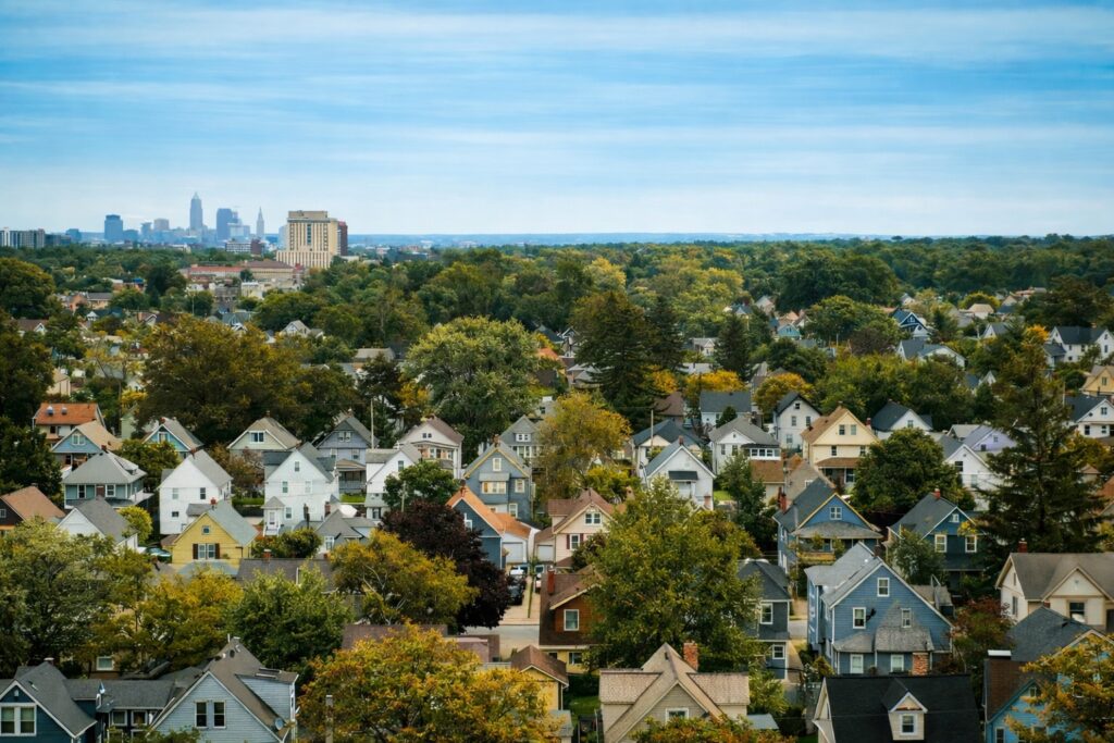 erial view of Cleveland, Ohio neighborhoods where interior and exterior painting services are provided.